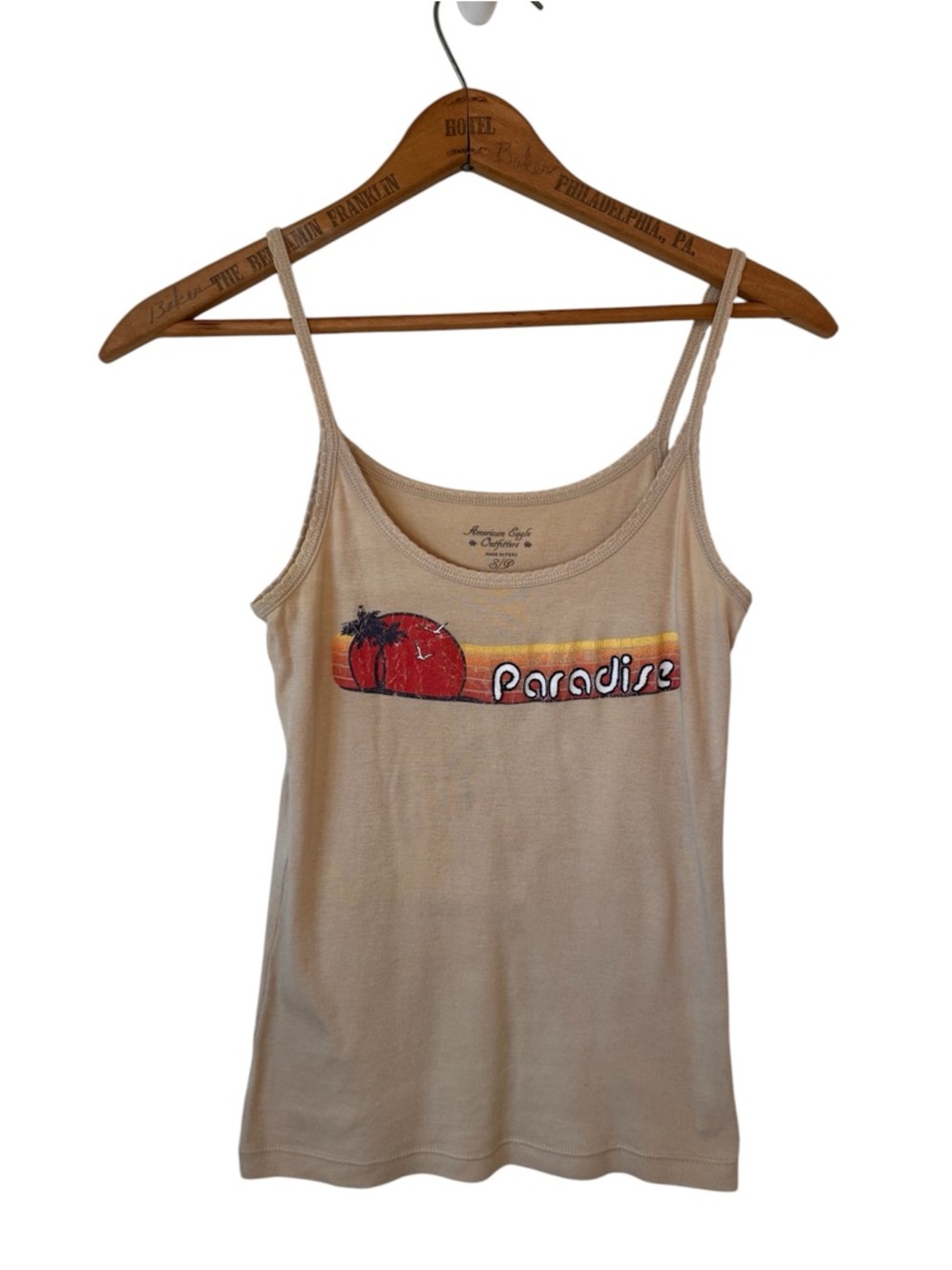 Vintage Y2K American Eagle Paradise Tank Top Small Beige Sunset Baby Tee